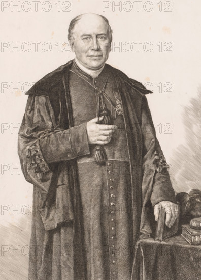 Portrait of a bishop, possibly Monsignor Lamy, print, annotation: '1er Etat de la planche', printmaker: Frans Lauwers (signed by artist), after painting by Jozef Marie Louis Janssens, 1885, paper, etching, proof print, height 358 mm x width 237 mm, historical persons, archbishop, bishop, etc. (Roman Catholic), A monochrome portrait of a middle-aged man wearing clerical robes, shown from head to mid-thigh, with a bald forehead and short hair at the sides, a composed facial expression, and eyes looking forward; he wears a buttoned cassock with a decorative sash and an overgarment with wide sleeves and embroidered cuffs, a medal pinned to his chest, and holds a small object near his torso while his other hand rests on a closed book placed on a draped table surface.