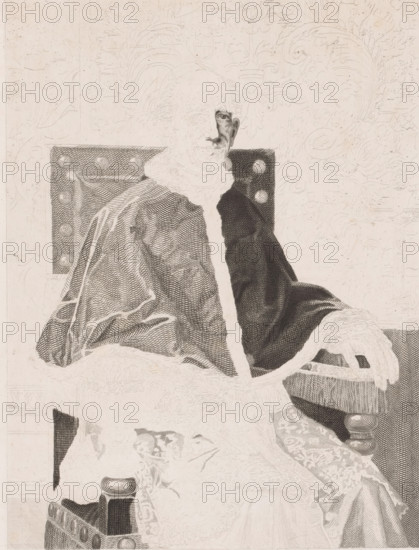 Portrait of Pope Leo Jozef Marie Louis Janssens, paper, chine collé, etching, proof, height 365 mm x width 260 mm, Person, Leo XIII, pope, A seated figure wearing a heavy cloak with a fur-lined trim is depicted in a detailed engraved style; the figure rests one arm on an armrest with a visible hand and fingers, and the other arm drapes across the lap. The cloak shows dense crosshatching and flowing folds, and the chair behind the figure has a patterned back with circular decorative studs. The background features faint ornamental foliage and scrollwork designs. The visible portion of the figure’s face is partially shaded with fine lines, and the overall image uses monochrome line work and stippling to render texture and shading.