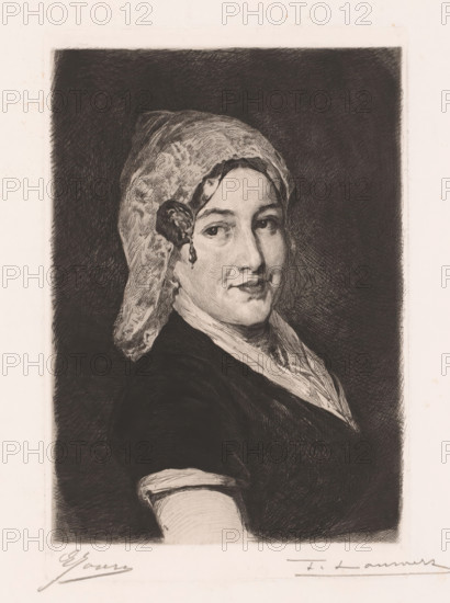 Kaatje, Portrait of an unknown woman, print, printmaker: Frans Lauwers (signed by artist), after design by Eugène Joors (signed by artist), 1864 - 1911, paper, etching, drypoint, intaglio printmaking technique, height 240 mm x width 158 mm, adult woman, A monochrome portrait of a woman shown from the shoulders up, turned slightly to one side, wearing a patterned headscarf that covers her hair and drapes down behind her, a dark dress with a lighter collar, and a faint smile on her face; the background is heavily shaded and contrasts with the lighter tones of her face and headscarf.