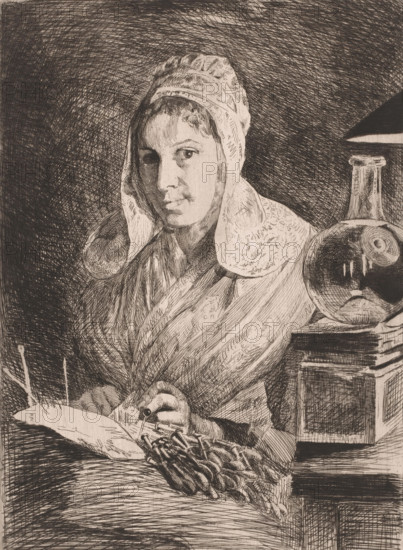 Woman making lace, print, annotation: '1er Etat de la planche', printmaker: Frans Lauwers (signed by artist), after painting by Walter Sanford, 1885, paper, etching, drypoint, etching and drypoint, proof print, height 319 mm x width 222 mm, lace-making, A detailed pen-and-ink portrait of a woman wearing a head covering and shawl, shown from the torso up and turned slightly toward the viewer, with a calm facial expression and closely rendered hair at the forehead; her hands rest on a surface holding a small object and a bundle of elongated items; a round glass vessel sits on a stacked base to her side beneath a curved shade; the background and clothing are filled with dense crosshatching and fine linear texture.