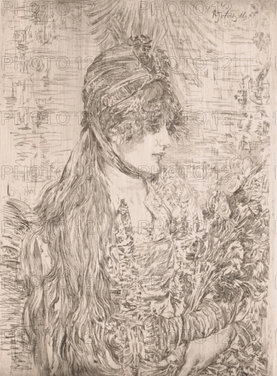 Portrait of an unknown young woman with a bouquet in her arms, print, annotation: '1er Etat', printmaker: Frans Lauwers (signed by artist), after design by Alfred Stevens, 1864 - 1911, paper, etching, intaglio printmaking technique, height 249 mm x width 184 mm, adolescent, young woman, maiden, A finely detailed line drawing of a person in profile facing right, with long wavy hair cascading down their back and a patterned headscarf tied under the chin, wearing layered textured clothing and holding a cluster of flowers near the chest, all rendered with delicate crosshatching and short strokes against a lightly textured background.
