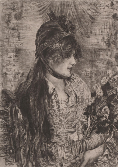 Portrait of an unknown young woman with a bouquet in her arms, print, printmaker: Frans Lauwers, after design by Alfred Stevens, 1864 - 1911, paper, etching, drypoint, intaglio printmaking technique, height 249 mm x width 184 mm, adolescent, young woman, maiden, A monochrome etched portrait of a young woman shown in profile facing right, with long flowing hair cascading down her back and shoulders, wearing a headscarf tied under her chin and a dress with textured, ruffled fabric; she holds a bouquet of flowers near her chest, and delicate facial features and curled hair frame her face; the background consists of crosshatched shading and linear marks creating a textured backdrop.