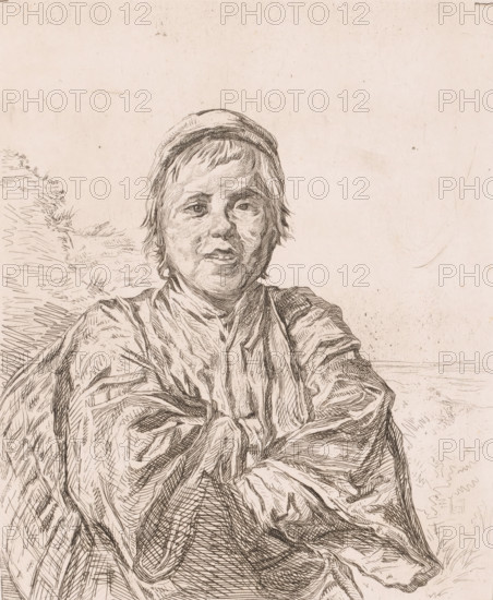 Young fisherman, print, annotation: '1er Etat', printmaker: Frans Lauwers (signed by artist), after painting by Frans Hals, 1864 - 1911, paper, etching, intaglio printmaking technique, etching with plate tone, proof print, height 317 mm x width 236 mm, fisherman, A sepia-toned pen drawing of a person shown from the chest up, wearing a loose, draped garment and a cap, with short hair framing the face; the figure's arms are crossed and the facial expression is neutral, rendered with fine, varied hatch marks that define contours and shadows; the background is mostly blank with faint sketchy lines and textured marks suggesting distant landscape elements and subtle surface blemishes on the paper.