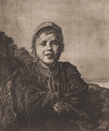 Young fisherman, print, workshop stamp: 'Antwerpsche Etsers 1880', printmaker: Frans Lauwers (signed by artist), after design by Frans Hals, 1864 - 1911, paper, etching, drypoint, intaglio printmaking technique, height 317 mm x width 236 mm, fisherman, A monochrome sketch of a young person shown from the waist up, wearing a loose, textured garment and a cap, with short hair peeking from beneath the cap; the face is detailed with visible shading around the eyes, nose, and mouth and the expression appears neutral to slightly open-mouthed; one arm is folded across the body while the other rests lower, both hands partially visible; the background is mostly empty with subtle shading and a suggestion of darker textured foliage or rocks on one side and a faint horizontal line near the edge suggesting a distant horizon.