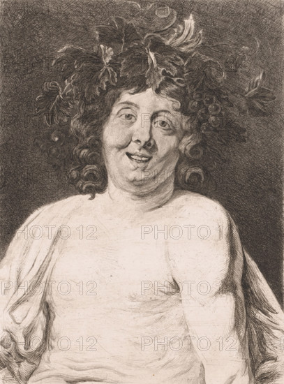 Head of the young Bacchus, print, annotation: '1er État', printmaker: Frans Lauwers (signed by artist), after painting by Jacques Jordaens, 1864 - 1911, paper, etching, intaglio printmaking technique, height 317 mm x width 236 mm, (story of) Bacchus (Dionysus), Liber, A detailed engraving of a bust-length figure with curly hair adorned with large leaves and grape clusters, a rounded face with a slight smile and relaxed eyes, visible shoulders and upper torso draped in a loose cloth, finely crosshatched shading in the background and on the hair and skin, and flowing lines suggesting texture on the drapery and body.