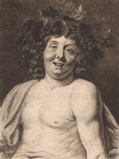 Head of the young Bacchus, print, workshop stamp: 'Antwerpsche Etsers 1880', printmaker: Frans Lauwers (signed by artist), after design by Jacques Jordaens, 1864 - 1911, paper, etching, intaglio printmaking technique, height 317 mm x width 240 mm, (story of) Bacchus (Dionysus), Liber, A monochrome engraving of a topless person with curly hair and a wreath of leaves and grapes on their head, showing a rounded face with a slight smile and relaxed eyes, visible shoulders and torso rendered with fine crosshatching, a draped cloth over one shoulder, detailed curly locks framing the face, and textured shading filling the background.