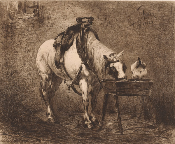 Horse and a chicken at a feeding trough, print, workshop stamp: 'Antwerpsche Etsers 1880', printmaker: Frans Lauwers (signed by artist), after painting by Eugène Joors, 1884, paper, etching, drypoint, intaglio printmaking technique, height 239 mm x width 317 mm, horse, fowl (cock, hen, chicken, etc.), A horse stands with a saddle and harness on its back, its head lowered toward a wooden trough; a chicken stands on the trough facing upward, and the scene is rendered in detailed, crosshatched sepia tones with a textured background and a small indistinct window or opening in the upper left.