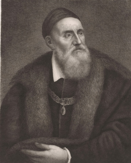 Portrait of an unknown man, print, inscription: 'L. Le Nain aquf. Roma mai 1883', printmaker: Louis Le Nain (signed by artist), 1883, paper, chine collé, etching, intaglio printmaking technique, etching with plate tone, height 295 mm x width 215 mm, historical persons, adult man, beard, A black and white engraved portrait of an older man shown from the torso up wearing a dark cap and a heavy fur-lined cloak, with a long full beard and mustache and a white collar visible at his neckline; his gaze is directed slightly to the side and his facial features are rendered with fine crosshatching; a decorative chain with a pendant hangs around his neck over dark clothing; one hand rests on the fur at his lap with the cuff of a sleeve visible.
