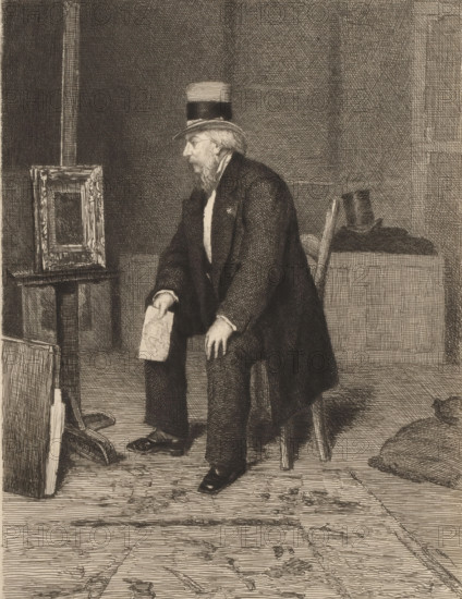 Interior with a man in a top hat viewing a painting, print, inscription: 'Terminé', printmaker: Louis Le Nain, 1861 - 1911, paper, etching, drypoint, intaglio printmaking technique, drypoint and plate tone, height 234 mm x width 183 mm, interior of the house, sitting figure, painting, drawing and the graphic arts, A seated bearded man wearing a dark coat and a top hat with a light band sits on a simple wooden chair, leaning forward with one hand resting on his knee and the other holding a folded piece of paper; behind him on a table a second top hat rests atop a dark cloth, and to his left an easel with a framed canvas stands near the edge of the room; the floor shows wooden planks with scattered small debris, and the background consists of crosshatched walls and a partially visible door.