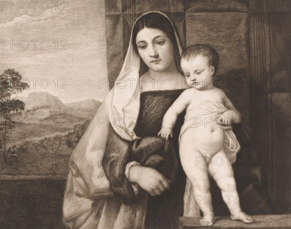 Mary with the Christ Child in front of a wall, print, inscription: 'L. LeNain aquf. Vienna 7 bn 1882', printmaker: Louis Le Nain (signed by artist), after design by Titian (attributed to), 1882, Attributed to, paper, chine collé, etching, intaglio printmaking technique, etching with plate tone on chine collé, height 250 mm x width 280 mm, The print was made after a painting by Titian that is in the collection of the Kunsthistorisches Museum in Vienna (inventory number 95) and is titled 'Zigeunermadonna' there., landscapes in the temperate zone, fence, wall, paling, Mary standing (or half-length), the Christ-child on her arm (Christ-child to Mary's left) - FF - the Christ-child to Mary's right, A sepia-toned drawing of a seated woman holding a young child, both shown from the waist up; the woman wears a draped head covering and a dark garment with visible folds, her face turned slightly downward with a calm expression, while the child is partly wrapped in cloth and rests on a ledge with...