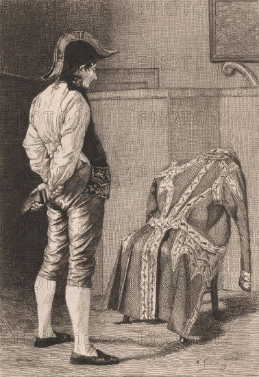 Man with a clothes brush looks at his coat hanging over a chair, print, inscription: 'LLeNain 2m état', printmaker: Louis Le Nain (signed by artist), after design by André Hennebicq, 1861 - 1911, paper, etching, intaglio printmaking technique, etching with plate tone, height 315 mm x width 215 mm, adult man, (military) uniforms, coat, cape, care of clothes, eg: brushing, beating, airing, A monochrome engraving shows a person standing in profile, wearing a tricorne hat, a light-colored coat with sleeves gathered at the elbows, breeches, and low shoes, with hands held behind the back and a small object gripped in one hand; the figure faces a draped chair on which a richly patterned garment with broad decorative bands is laid, the chair’s legs and part of the floor visible; the background features paneled walls with crosshatched shading and a framed rectangular object mounted on the wall.
