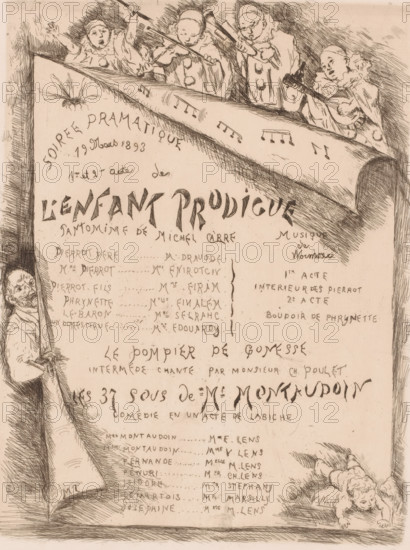 Announcement and program for a theater evening, print, printmaker: Lens, 1893, paper, etching, intaglio printmaking technique, height 238 mm x width 181 mm, Date of death of printmaker unknown. Therefore, the acquisition date has been used to determine the rights to this object., single printed leaf: broadsheet, leaflet, making music, musician with instrument, types in 'commedia dell'arte': Pierrot, A vertical sepia-toned illustration showing a large rolled sheet held open by a group of four small figures at the top, each wearing ruffled collars and holding musical instruments or sticks, with musical notes drawn on the exposed part of the roll; a man peeks from the left edge holding the roll, his face and upper body visible; the lower right corner shows a small childlike figure lying on a cushion with one arm extended; the background and margins are filled with fine cross-hatched pen strokes and decorative lines.