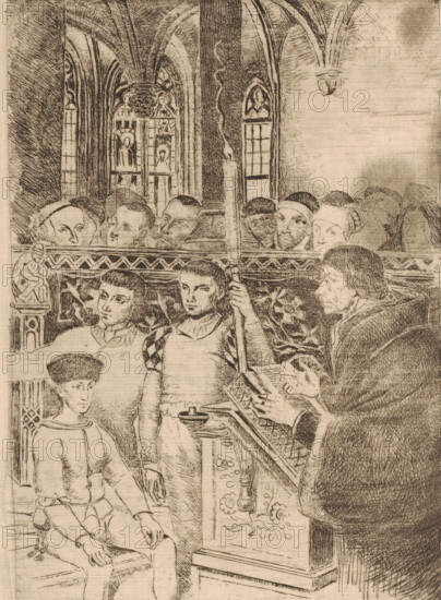 Emperor Charles V being taught, print, printmaker: Henri Leys (baron), 1825 - 1869, paper, etching, intaglio printmaking technique, height 249 mm x width 180 mm, Person, Charles V (Holy Roman Emperor and King of Spain), education, A detailed monochrome etching shows an interior with vaulted arches and tall narrow windows, one window containing ornamental panels. In the foreground a seated young figure wearing a soft hat and simple fitted garments sits beside a standing youth in patterned sleeves holding a tall staff. A robed figure with a fur-lined cloak stands behind a carved lectern, hands resting on an open book. Behind a carved screen, a row of faces peers forward over the top, with varied head coverings and expressions. The carved architectural elements include floral and geometric motifs, a small statuette, and a decorative frieze, and shading is rendered with fine cross-hatching and linear strokes.