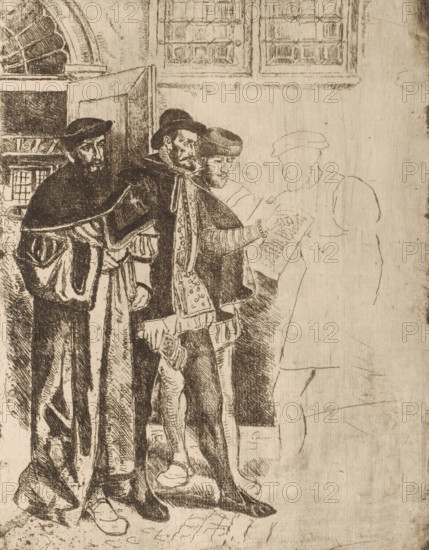 Plantijn and three others in the printing house, print, printmaker: Henri Leys (baron), 1825 - 1869, paper, etching, drypoint, intaglio printmaking technique, height 251 mm x width 196 mm, Person, Christoffel Plantijn, printer, publishing, publisher, Antwerp, A sepia-toned etched scene shows three men on the left wearing long cloaks and hats, with detailed patterned garments and visible facial hair; one man in front extends an arm holding a rectangular object toward a faintly sketched fourth figure on the right whose outline and cap are lightly drawn and less defined. Behind the group are architectural elements including a window with small panes and a partially visible arched structure, and the floor beneath them shows textured cobblestone and shading. The image features fine linework and crosshatching, with darker, more finished rendering on the three clothed men and very light, sketchy lines for the standing figure on the right.