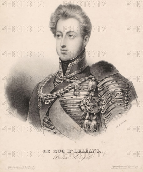 Le duc d'Orléans, Prince Royal, Portrait of Ferdinand-Philippe d'Orléans, print, book illustration, printmaker: E. Bougé, Paris, printer (person): Antoine Catherine Adolphe Fonrouge, publisher: Chaillou-Potrelle, publisher: Giraldon-Bovinet & Cie., publisher: Blaisot, c. 1831, printer (person), paper, lithography, lithografie, height 275 mm x width 230 mm, Print published in: 'Galerie Universelle de Blaisot', a book with 38 portraits of eminent men and women from the seventeenth to the nineteenth century., Person, Ferdinand Philippe (Duke of Orléans), historical persons, A monochrome portrait of a young man shown from the chest up wearing an ornate military uniform with braided cords, decorative buttons, tassels, and layered armor-like plates on one shoulder, his high collar framed by a patterned scarf, his hair styled away from his forehead in soft waves, his face turned slightly to one side with a neutral expression, a shaded background behind him and a blank lighter area surrounding...