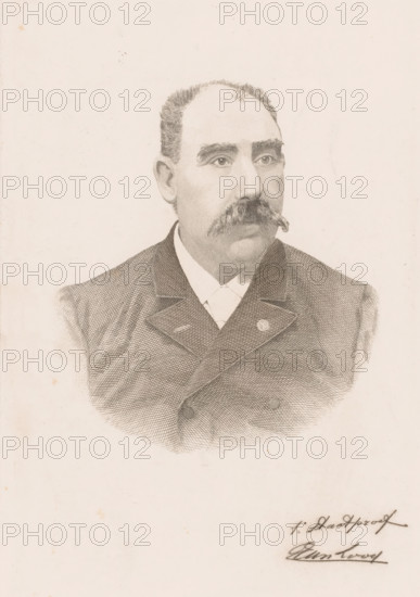 Portrait of François L'Hoëst, print, annotation: '1st state proof', printmaker: Joseph Edouard Van Looy (signed by artist), 1881 - 1912, Joseph Edouard Van Looy, printmaker, paper, etching, proof, height 298 mm x width 197mm, A monochrome engraved portrait of a middle-aged man shown from the chest up, featuring short hair, prominent eyebrows, a thick moustache, and a serious facial expression, wearing a double-breasted coat with wide lapels and a visible shirt collar beneath; the portrait is centered on a pale, textured background with some small spots and faint marks, and there are two handwritten signatures near the lower right corner.