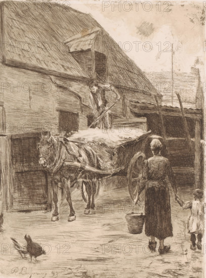 Farmer unloading hay from a wagon while the farmer's wife and son approach with a bucket, print, annotation: '2nd state of a proof, print published by 'Arte et Labore' 1893.', printmaker: Romain Looymans (signed by artist), 1893, Romain Looymans, printmaker, paper, etching, drypoint, intaglio printmaking technique, etching and drypoint with plate tone, height 238 mm x width 180 mm, farmers, courtyard, farm (building), A sepia-toned sketch of a rural scene showing a thatched-roof building with an open loft, a person standing on a cart using a long tool, a horse hitched to the cart with a blanket over its back, a woman seen from behind holding a bucket and leading a child by the hand toward the cart, a small bird on the ground in the foreground, rough wooden fences and wagon wheels, and textured sky and ground rendered with crosshatched lines.
