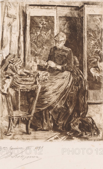 Woman working in an interior, print, annotation: '3me Epreuve', printmaker: Romain Looymans (signed by artist), after design by Henri De Smeth, 1890, paper, etching, drypoint, intaglio printmaking technique, etching and drypoint with plate tone, proof print, height 238 mm x width 179 mm, This print, or possibly a later print, was used in the suite, A seated woman in a long dark dress is shown indoors, her hands held together in front of her and her head slightly bowed, with detailed folds and drapery in her skirt. She sits beside a table covered with a cloth and objects, a chair with decorative legs and fringe nearby, and a vase on the table. Behind her are tall panels or windows with floral and bird motifs, and a curtain or drapery is visible to one side. The scene is rendered in dense hatched lines and rich tonal shading across the figures, furniture, and background.
