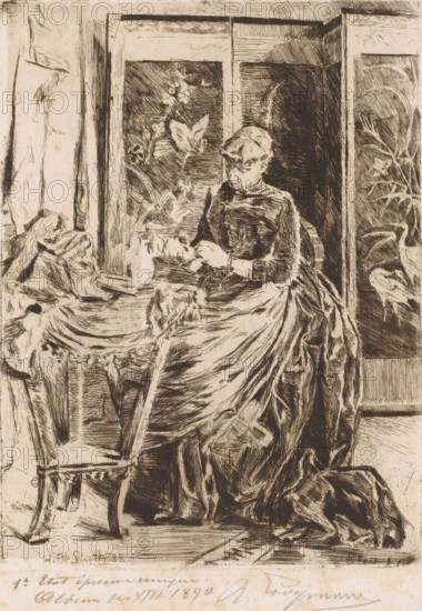 Woman working in an interior, print, annotation: '1e Etat épreuve unique Album des Smeth, paper, etching, drypoint, intaglio printmaking technique, etching and drypoint with plate tone, proof print, height 238 mm x width 179 mm, Later state of this print in the suite, A monochrome etching shows a seated woman in a voluminous dress with layered fabric, her head turned slightly downward as she holds an object near her lap; she sits beside a table draped with cloth and a chair with carved legs is partially visible in front. Behind her is a decorative folding screen or panel with floral and bird motifs, and to the left a window or framed opening reveals additional floral designs. Drapery hangs near the left edge and a patterned carpet or floor is faintly suggested beneath the woman's skirt. The image is rendered in fine, cross-hatched lines creating contrasts of light and shadow across the figures and furnishings.