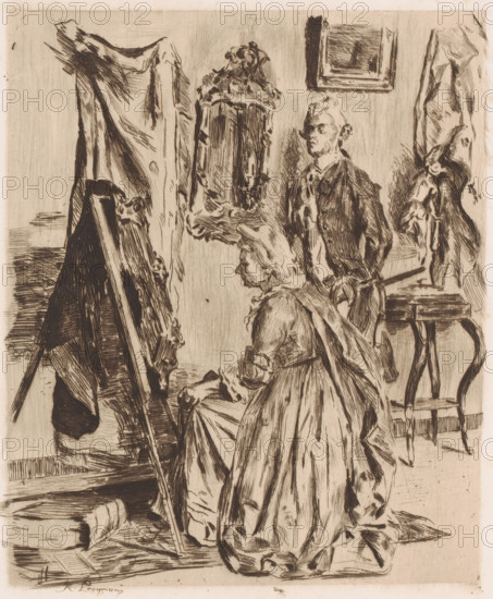 Interior with a man and woman at an easel with a framed work on it, print, annotation: '2e Etat 1 épreuve (inédit)', printmaker: Romain Looymans (signed by artist), 1889, paper, etching, drypoint, intaglio printmaking technique, etching and drypoint with plate tone, height 251 mm x width 198 mm, workshop, studio, painter, A monochrome etching of an interior scene showing two people and various furnishings rendered in fine linear strokes, with a seated woman in a voluminous dress and bonnet facing an easel and canvas, a standing man behind her wearing a jacket and cravat, ornate framed pictures on the wall, draped fabrics hanging in the background, a small table with stacked books and a chair beside it, visible floorboards and scattered papers, and the artist’s signature area along the bottom edge.