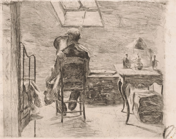 Tuba player in an attic room, print, workshop stamp: 'Cottens & Fils planeurs á Paris 52 Rue Mouffetard', annotation: '1e Etat épreuve unique, Planche editée par 'Arte & Labore' 1890', printmaker: Romain Looymans (signed by artist), 1890, paper, etching, intaglio printmaking technique, etching with plate tone, proof print, height 197 mm x width 250 mm, horn, trumpet, cornet, trombone, tuba, attic, loft, A sketch of an interior scene shows a person seated on a wooden chair with their back turned, draped in loose clothing with a relaxed posture, a window above casting light into the room, a table to the right holding a lamp and small objects, ornate table legs and a curved chair nearby, a tall vertical beam or post on the left, a metal stand and hanging cloth or garments beside it, and a floor and walls rendered with hatched lines.