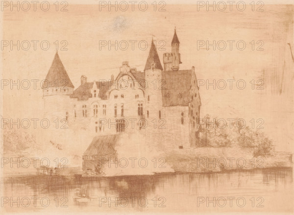 View of the Marnix de Sainte-Aldegonde castle in Bornem, print, annotation: 'Chateau Comte de Marnix ancien chateau des Comtes de Flandres Bornhem. 1 état', printmaker: Albert Van Holsbeeck (signed by artist), 1887 - 1912, paper, etching, intaglio printmaking technique, height 188 mm x width 255 mm, landscape with tower or castle, castle, Bornem, A sepia-toned drawing of a large stone building with multiple steep roofs and towers, one conical tower on the left and a taller pointed tower toward the center, detailed windows and arched gables along the facade, a rounded turret attached to the main structure, and a smaller pitched-roof outbuilding in front; faint tree foliage appears on the right and left edges, and subtle horizontal and crosshatched shading suggests water in the foreground with reflected shapes.