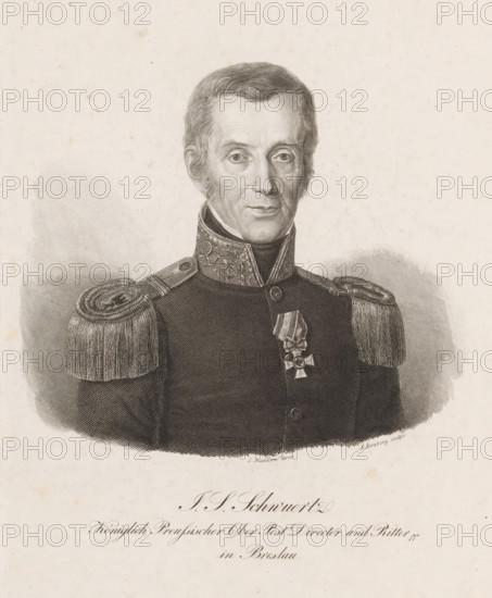 Portrait of IS Schwertz, print, printmaker: Robert Hertzberg, printer (person): Ludwig Buchhorn, 1800 - 1899, printer (person), paper, etching, steel engraving, height 242 mm x width 196 mm, Person, IS Schwertz, historical persons, A monochrome engraved portrait of a man shown from the chest up wearing a dark military-style coat with ornate high collar and large fringed epaulettes on the shoulders, a decorative medal pinned to his chest, short neatly combed hair, sideburns, and a calm facial expression with direct gaze, set against a plain lightly textured background.