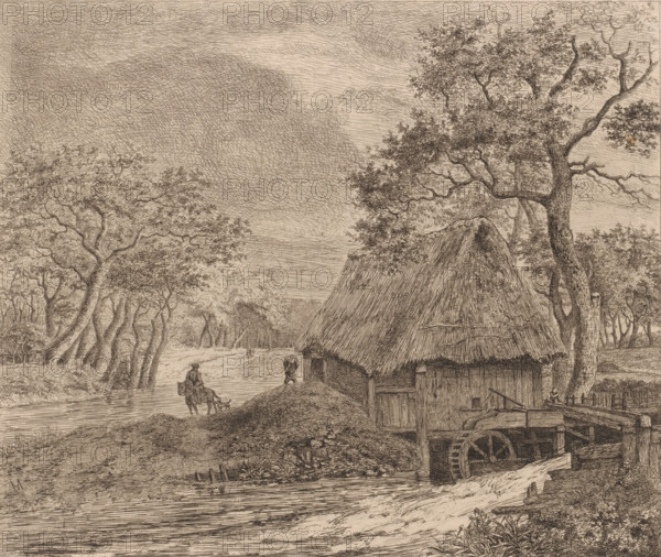 Landscape with watermill, print, printmaker: Jean Théodore Joseph Linnig, after design by Meindert Hobbema, 1872, paper, etching, intaglio printmaking technique, height 244 mm x width 281 mm, watermill in landscape, A detailed ink drawing of a rural riverside scene showing a thatched-roof building with a visible wooden waterwheel partially submerged at the building’s base, trees with twisting trunks and dense foliage surrounding the area, a winding river flowing past the building, a person riding a horse near the riverbank with a small dog beside them, another person walking nearby carrying something on their shoulders, a wooden fence and small bridge-like structure adjacent to the waterwheel, and layered cloud-filled sky above.