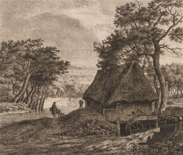 Landscape with watermill, print, printmaker: Jean Théodore Joseph Linnig, after design by Meindert Hobbema, 1872, paper, etching, intaglio printmaking technique, height 244 mm x width 281 mm, watermill in landscape, A detailed monochrome etching shows a rural scene with a thatched-roof building and a wooden water wheel partially visible by a flowing stream, tall trees with textured trunks and dense leafy canopies surrounding the area, a dirt path or riverbank leading into the distance where small figures and animals appear, a person on horseback with a small dog nearby, another person walking along the bank, and layered crosshatched clouds filling the sky.