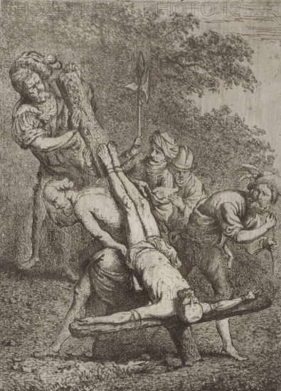 Crucifixion of Peter, print, printmaker: Jean Théodore Joseph Linnig, after drawing by Peter Paul Rubens, 1884, paper, etching, intaglio printmaking technique, etching with plate tone, height 276 mm x width 183 mm, Peter crucified upside down, A detailed monochrome etching shows several robed figures working with wooden beams and a horizontal structure resembling a crude bench; one central reclining figure lies on the bench with limbs extended and bound, head tilted back, and a wound visible on the side. Around this figure, a few men in period clothing strain to lift or maneuver a large rough log, their faces showing focused expressions and their hands gripping the wood; one man holds a long pole topped with a pointed head. Dense foliage and tree branches rise in the background behind the group, and the ground beneath them is textured with grass and earth. The scene is rendered with fine crosshatching and intricate line work throughout.
