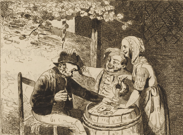 Woman pouring a glass for two men playing cards, print, printmaker: Willem Linnig (I), 1842, paper, etching, drypoint, intaglio printmaking technique, etching and drypoint with plate tone, height 146 mm x width 187 mm, playing-cards, beer, ale, A sepia-toned ink drawing shows three figures seated around a round wooden barrel used as a table, with one figure pouring liquid from a pitcher into a cup on the barrel while another holds his hat and leans forward with closed eyes, and a third sits between them smiling with a cap and a double-breasted garment; a leafy branch with clusters of round leaves arcs above them, a rough wooden post and textured shaded background occupy the right side, and the scene includes simple carved chair backs, a layered bench or plank surface, and cross-hatched shading throughout.