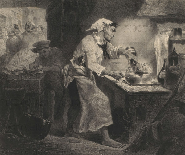 Les filles du diable, Devil cooks girls in a pan, Ancient and contemporary artists, Les artistes anciens et moderns, print, Series number, 125, 240, printmaker: Célestin François Nanteuil, printer (person): Victor Jacques Bertauts, Paris, 1855, printer (person), paper, chine collé, lithography, lithography with planing technique on chine collé, height 316 mm x width 449 mm, kitchen, adolescent, young woman, maiden, cook, devil(s) and demons, A dimly lit interior scene rendered in dark tones shows a table covered with a cloth and various vessels, bottles, and a large pot on the floor. Several figures are gathered around the table; one stands leaning forward with rolled sleeves and a hand extended toward a small dish, another wears a hat and stands nearby, and others cluster in the background. A seated or reclining figure appears at the table edge with an arm resting on the surface. The room features heavy shadows, rough-textured walls, and a window or opening behind the background figur...