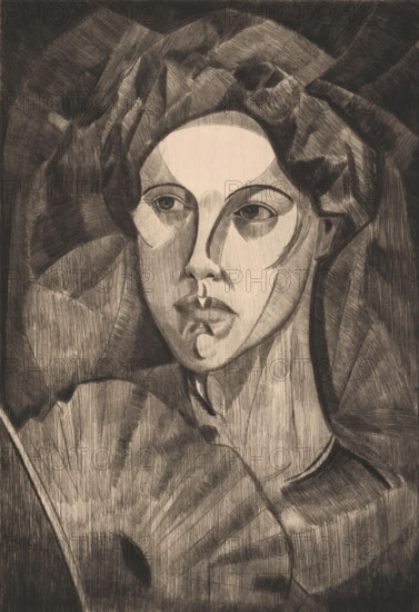 Head of a woman, Tête de femme I (original title), print, A woman with a fan., printmaker: Lodewijk Schelfhout (signed by artist), printer (person): Delâtre, Paris, 1912, printer (person), paper, drypoint, drypoint on galvanized zinc, height 333 mm x width 232 mm, fan, head (human) - AA - female human figure, A monochrome, stylized portrait of a person shown from the shoulders up with geometric, hatched shading and angular planes composing the face and hair; the face is pale against darker shaded areas, with prominent eyes looking slightly to the side, defined brows, a straight nose, and full lips; the hair is arranged in broad, textured shapes framing the head and merging with a patterned background of overlapping hatched forms; the clothing and shoulder area are rendered with curved, fan-like hatch marks and tonal gradations that echo the linear texture used throughout the image.