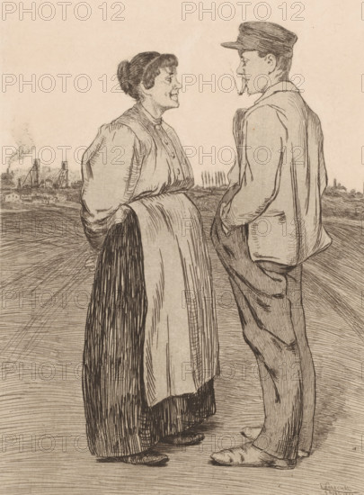 A Proposition, Man and woman face each other in the field, print, printmaker: François Maréchal, 1895, paper, etching, intaglio printmaking technique, etching with plate tone, height 295 mm x width 220 mm, ploughed field, Offer, Proposition, A monochrome line drawing of a woman and a man standing and facing each other on a textured ground, the woman on the left wearing a long skirt, apron, and a blouse with puffed sleeves and her hair tied back, smiling as she looks at the man; the man on the right wearing a cap, jacket, and trousers with one hand in a pocket and a cigarette in his mouth, his posture relaxed; a distant industrial skyline with smokestacks and structures appears behind them on the left, and the scene is rendered with fine etching lines and hatching throughout.