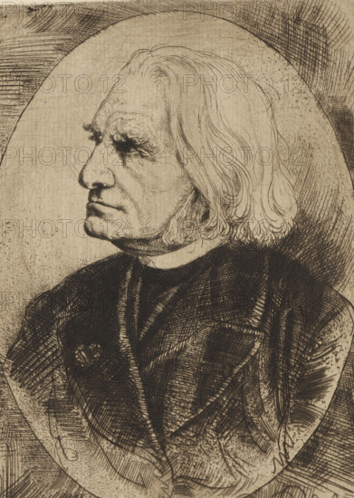 Portrait of Franz Liszt, print, printmaker: Willem Linnig (II), 1852 - 1890, paper, etching, drypoint, intaglio printmaking technique, etching and drypoint with plate tone, height 188 mm x width 137 mm, Person, Franz Liszt, historical persons, A monochrome etching of an older person in profile facing left, showing a detailed side view of a long face with a prominent nose and closed lips, deep wrinkles and textured skin, heavy eyelids and pronounced, bushy eyebrows, and shoulder-length wavy hair that falls around the ear and neck; the figure wears a dark, textured garment with visible folds and crosshatched shading, and the background features a lightly shaded circular halo-like area surrounded by dense, radiating hatch marks and stippling.
