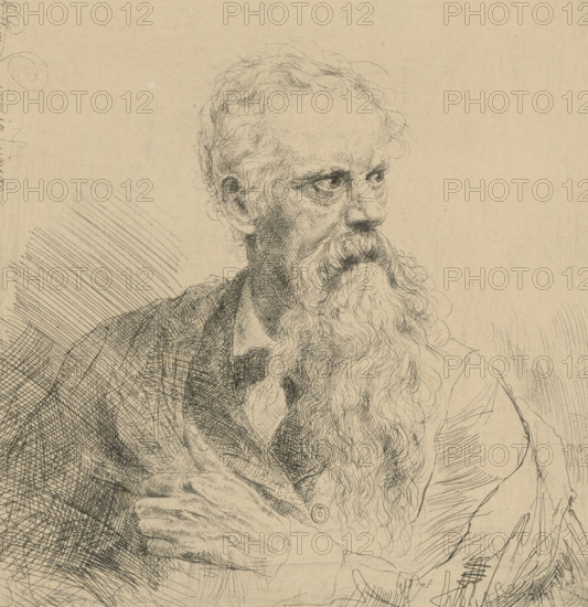 Portrait of an unknown bearded man, print, printmaker: Willem Linnig (II), 1852 - 1890, paper, etching, intaglio printmaking technique, height 172 mm x width 165 mm, beard, anonymous historical person identified alone, A sepia-toned ink drawing of an older man shown from the chest up, facing three quarters to the right, with a long wavy beard and receding curly hair, detailed crosshatching and fine lines forming facial features, textured clothing and visible hands clasped near his chest, the background mostly blank with penciled lines and shading marks.