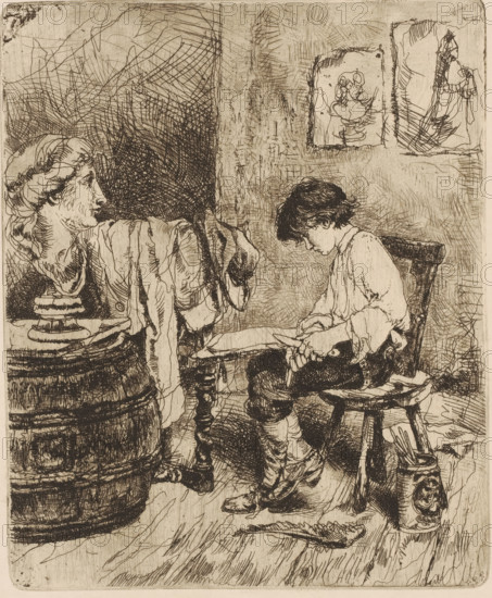 In a studio, a boy sits opposite a bust drawing, print, printmaker: Willem Linnig (II), 1852 - 1890, paper, etching, drypoint, intaglio printmaking technique, etching and drypoint with plate tone, height 216 mm x width 178 mm, drawing, artist at work, in his workshop, A sepia-toned etched scene shows a seated young person with dark hair looking downward, wearing a loose shirt and holding a tool across their lap while sitting on a simple wooden chair; nearby a large barrel stands with a draped cloth over its edge and a sculpted bust resting on a small pedestal on top; a table with turned legs is between the barrel and the seated figure, and the floor shows wood grain and scattered objects including a feather; on the wall behind the seated person are two framed sketches, and the background is filled with dense crosshatched shading and textured lines.