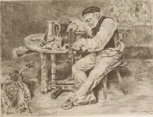 Musician strings a cello in front of him on a table, print, printmaker: Willem Linnig (II), 1852 - 1890, paper, etching, drypoint, intaglio printmaking technique, etching and drypoint with plate tone, height 204 mm x width 268 mm, viola, violoncello, double bass, violin, fiddle, A seated man wearing a dark cap and loose clothing leans over a round wooden table, his arms draped across it and his hands holding a chain-like object; a large jug and a pipe rest on the table beside crumpled cloth and a small cup, while a turned wooden table leg and stool are visible beneath; the man's legs extend forward with worn shoes and wrinkled trousers, a patterned shawl and a wicker basket sit on the floor nearby, and a fallen vessel lies beside them; in the background a wall shows faint sketches of figures and musical instruments.