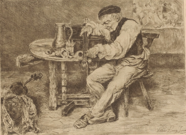 Musician strings a cello in front of him on a table, print, printmaker: Willem Linnig (II), 1852 - 1890, paper, etching, drypoint, intaglio printmaking technique, etching and drypoint with plate tone, height 204 mm x width 268 mm, viola, violoncello, double bass, violin, fiddle, A seated man wearing a cap and vest leans over a round wooden table as he works with a set of long tuning pegs, his hands gripping the mechanism and his face turned downward in concentration; on the table beside him are a jug with a handle, a cloth, and a small container holding slender sticks, and beneath the table a stool and the table legs are visible; to the left a violin rests on the floor near a woven basket draped with a patterned cloth, and to the right a simple wooden chair is partially visible against a wall that has a decorative panel showing several human figures; the scene is rendered in fine, closely hatched lines and tonal shading.