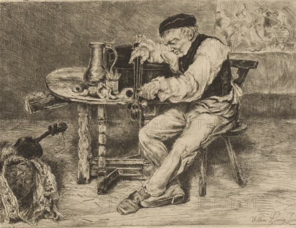 Musician strings a cello in front of him on a table, print, printmaker: Willem Linnig (II), 1852 - 1890, paper, etching, drypoint, intaglio printmaking technique, etching and drypoint with plate tone, height 204 mm x width 268 mm, viola, violoncello, double bass, violin, fiddle, An elderly man sits on a stool, leaning forward with one arm resting on a small round wooden table and the other hand adjusting a stringed instrument held vertically; he wears a dark cap, a sleeveless dark vest, and light-colored loose clothing with visible folds and worn shoes. On the table are a large metal pitcher, a cup with brushes or utensils, and a cloth or rags; the table has turned legs and shows wood grain. Near the man's feet a bowed string instrument lies on the floor beside a woven basket partly covered by a patterned cloth with floral motifs. In the background a wall shows a faint decorative sketch of several figures and objects, and the floor displays textured lines and shading. Overall the scene...