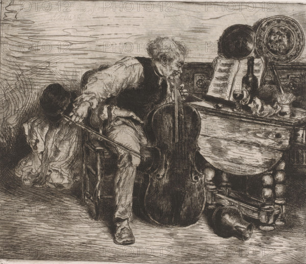 Cellist, print, printmaker: Willem Linnig (II), Weimar, 1852 - 1890, Thuringia, paper, etching, intaglio printmaking technique, etching with plate tone, height 224 mm x width 256 mm, musician, viola, violoncello, double bass, An etching showing two seated figures by a table, one older man leaning forward with a bowed head and a stringed instrument resting between his legs, the other figure turned away with a bowed head and a hat visible, both wearing textured clothing with folds and wrinkles; a wooden table surface with carved legs holds a bottle, a filled glass, decorative plates leaning against the wall, an open book propped upright, folded cloth, and scattered small objects; the background features horizontal etched lines and cross-hatching suggesting a wall, while the floor shows parallel hatch marks and wood grain patterns.