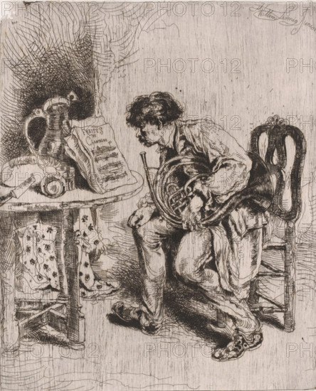 Hornist studies the sheet music Fraises au Champagne, print, printmaker: Willem Linnig (II), 1852 - 1890, paper, etching, intaglio printmaking technique, height 220 mm x width 277 mm, musician, horn, trumpet, cornet, trombone, tuba, A seated man with tousled hair and a mustache leans forward holding a coiled horn against his body, wearing a loose shirt and trousers with visible folds and detailed shoes, beside a curved wooden chair with an ornate carved back; a small round table covered with a patterned cloth displays a pitcher, a cup, and a sheet of paper propped upright, while a dense crosshatched shadow fills the corner behind the table and delicate linear shading covers the surrounding wall and floor.