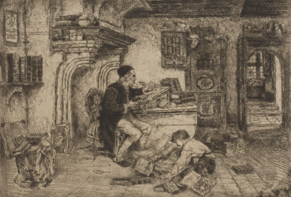 Writing man and reading boy, print, printmaker: Willem Linnig (II), 1852 - 1890, paper, etching, intaglio printmaking technique, height 178 mm x width 255 mm, scholar in his study, An interior scene rendered in fine etching lines shows two men among scattered papers and books; one older man with a beard and cap sits on an ornate chair at a cluttered table, holding a quill and reaching toward a stack of documents while the other younger man kneels on the floor sorting through sheets and folios. The room features a carved stone fireplace with a mantel crowded with vessels and books, built-in shelves and cabinets filled with volumes and objects, patterned rugs and a tiled floor, an arched doorway leading to a small chamber with a window, and various pieces of furniture and boxes arranged around the space. The image is monochrome with dense cross-hatching and fine detail emphasizing textures of wood, stone, fabric, and paper.