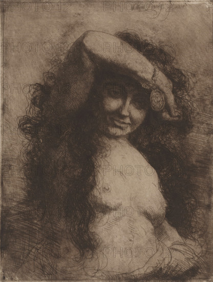 Woman with bare torso, print, printmaker: Willem Linnig (II), 1852 - 1890, paper, etching, intaglio printmaking technique, height 262 mm x width 199 mm, woman (showing herself) undressed, quasi-nude, A sepia-toned etching of a partially nude woman shown from the torso up with long curly dark hair cascading around her shoulders, wearing a soft hat that drapes over one side and a beaded ornament with a round medallion attached to the hat, her face turned slightly toward the viewer with subtle shading defining her eyes, nose, and smiling mouth, crosshatched and textured shading throughout the background and figure, visible breast and torso with delicate linework, and an overall aged, textured paper surface.