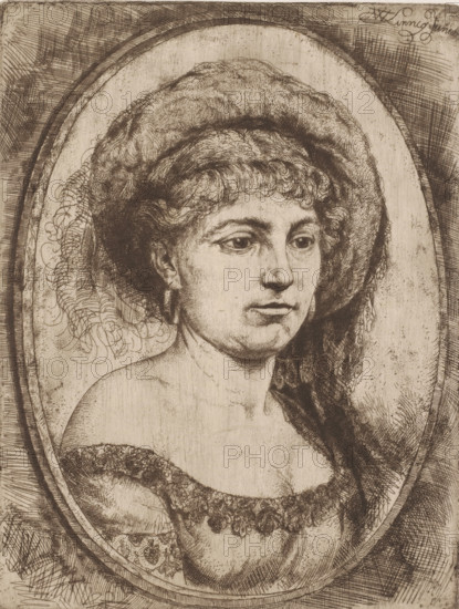Portrait of an unknown woman, print, printmaker: Willem Linnig (II), 1852 - 1890, paper, etching, drypoint, intaglio printmaking technique, etching and drypoint with plate tone, height 299 mm x width 228 mm, anonymous historical person portrayed alone - BB - woman, A sepia-toned etching of a bust-length portrait of a young person shown within an oval frame, wearing a wide textured hat and a dress with a floral-patterned neckline, the face turned slightly to one side with curly hair peeking beneath the hat and a visible earring, the background filled with crosshatched shading and the oval frame accented by parallel lines.