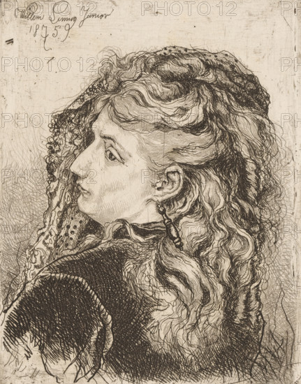 Portrait of an unknown woman, print, printmaker: Willem Linnig (II), 1875, paper, etching, intaglio printmaking technique, height 153 mm x width 119 mm, anonymous historical person identified alone - BB - woman, A detailed pen-and-ink portrait of a woman in profile facing left, showing her face, ear with a dangling earring, and long wavy hair cascading down her back; she wears a lacy or patterned headscarf partially covering her hair and a textured garment with visible folds; fine cross-hatching and line work render shadows and contours on her face, hair, and clothing, and the background is a plain, lightly textured surface with scratches and marks.