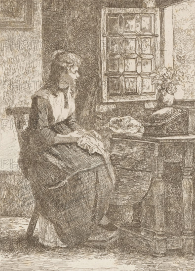 Girl doing needlework in front of an open window, print, printmaker: Willem Linnig (II), 1878, paper, pencil, etching, intaglio printmaking technique, etching with plate tone, worked with pencil, proof print, height 259 mm x width 178 mm, adolescent, young woman, maiden, sewing, A seated woman in a long dress and apron faces a window, her hands resting on fabric in her lap and her profile turned toward the right; she has wavy hair pulled back and a high neckline with a small bow. To her right a wooden table holds a folded cloth, a closed box with a decorative lid, and a vase of flowers. Behind the table a multi-pane window with thick framing shows textured panes and a narrow wall with floral wallpaper beside it. The room features detailed woodwork and patterned surfaces, with crosshatched shading throughout the artwork.