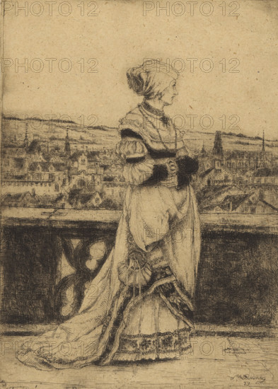 Lady walking on a terrace, print, printmaker: Willem Linnig (II), 1879, paper, etching, intaglio printmaking technique, height 247 mm x width 176 mm, adult woman, walking, hiking (recreation), A sepia-toned etching shows a woman in profile standing on a stone balcony, wearing a long ornate dress with layered fabrics, patterned trims, and a trailing hem, along with a headscarf wrapped around her hair and a necklace at her neck; her hands are clasped at her waist and she faces toward a detailed townscape beyond the balustrade, where rooftops, church spires, and clustered buildings stretch across the middle ground beneath a wide, textured sky.