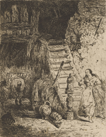 Farmer's wife in a barn coming down the stairs, print, printmaker: Willem Linnig (II), printmaker: Willem Linnig (I) (possibly), 1861, Willem Linnig (II), Willem Linnig (I), paper, etching, intaglio printmaking technique, etching with plate tone, height 158 mm x width 121 mm, farmers - AA - female farmer, farmer's wife, barn, A detailed pen-and-ink scene shows a large wooden wheel with spokes and paddles partially embedded in a textured surface, accompanied by stacked wooden beams and rough planks. A woman in a long dress and apron stands beside the wheel, her hair tied back and one foot slightly raised, holding a bundle or basket at her side. Several rounded clay jugs and a small barrel lie near the base of the wheel, and a shallow basket rests on the ground nearby. Behind the wheel a dark recessed area suggests a doorway or interior space, while to the side rough foliage and a leaning pole create a textured background. The foreground ground surface is crosshatched and uneven, with sc...