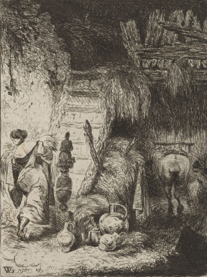 Farmer's wife in a barn walks up a staircase, print, annotation: 'IV', printmaker: Willem Linnig (II), 1852 - 1890, Willem Linnig (II), printmaker, paper, etching, intaglio printmaking technique, letterpress printing, etching with plate tone, proof print with letterpress on verso, height 158 mm x width 121 mm, farmers - AA - female farmer, farmer's wife, barn, A densely hatched pen-and-ink scene shows a stable interior with stacked hay and timber beams, a horse or donkey facing away under a dark overhang, a group of rounded jugs and pitchers arranged on the ground, a turned wooden post with carved finials, a woman bending forward with her hair tied and wearing a dress, another figure seen from behind ascending a short flight of steps, a curving path of straw and rough floor, and heavy crosshatched shadows filling the upper and right portions of the image.